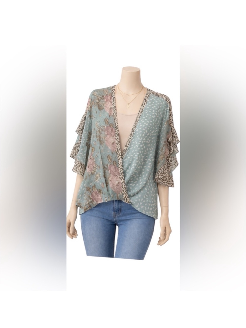 Umgee Boho Kimono Top Mixed Floral Leopard Print. Ruffle Sleeves Flowy Blouse